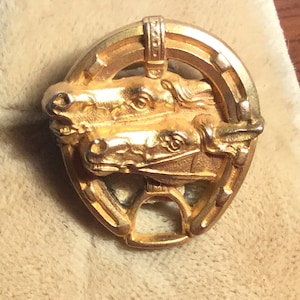 Vintage Horse Pin Gold Plated 2 Horses Stirrup Horseshoe