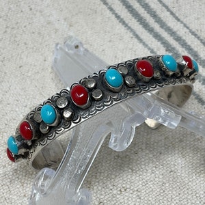 Navajo Turquoise Coral Bracelet VIntage Eleven Stone Cuff