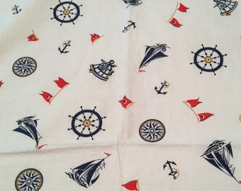 Vintage Nautical Fabric White With Red and Blue Designs