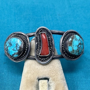 Navajo Turquoise and Coral Bracelet Vintage Silver Cuff