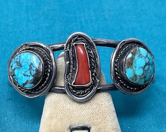 Navajo Turquoise and Coral Bracelet Vintage Silver Cuff