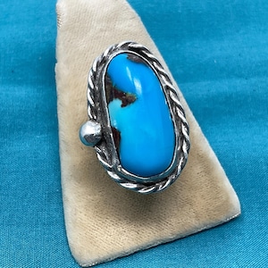 Native America Turquoise Ring Vintage Silver Larger Oval Stone Size 6