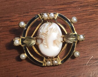 Early 1900/'s Oval Carved Pink Stone Antique Cameo Stick Pin Gold Plate Setting