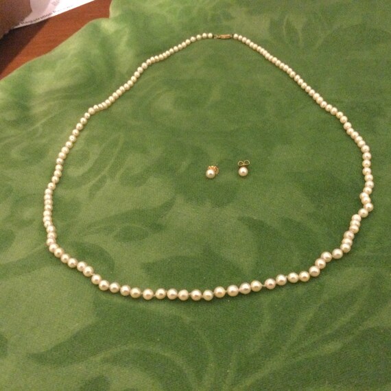 Cultured Pearl Necklace 27” and Earrings 4mm 14 K… - image 4