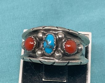 Navajo Turquoise Ring Vintage sterling Coral and Turquoise
