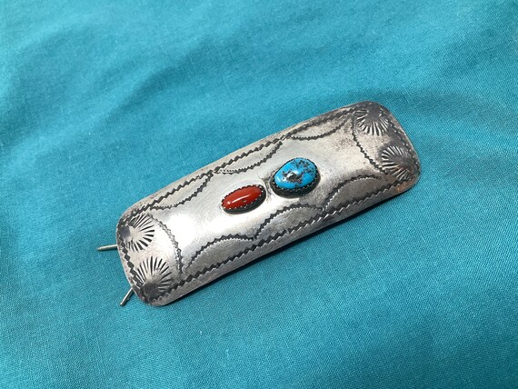Navajo Sterling Hair Barrette Turquoise Coral - image 3