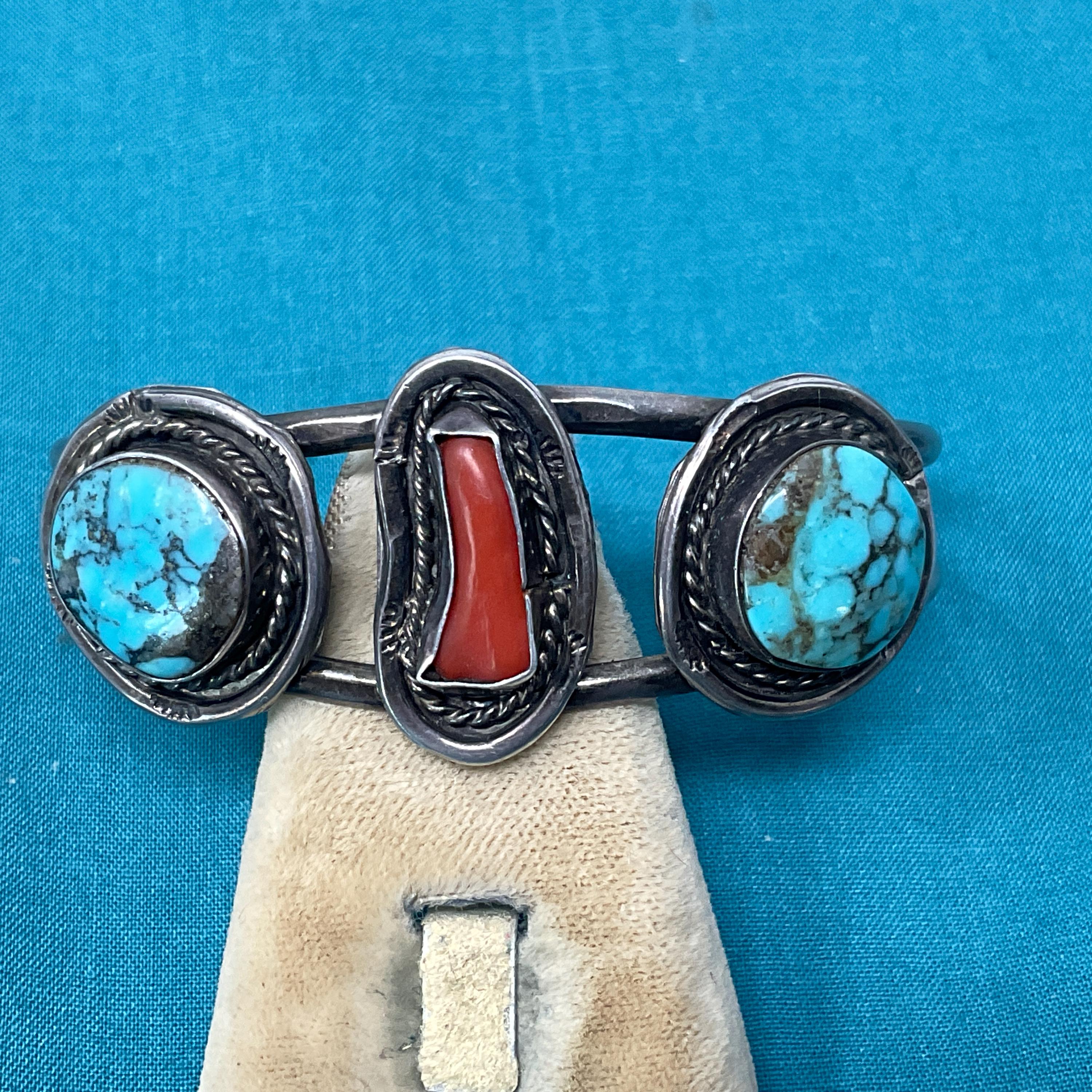 Navajo Turquoise and Coral Bracelet Vintage Silver Cuff - Etsy