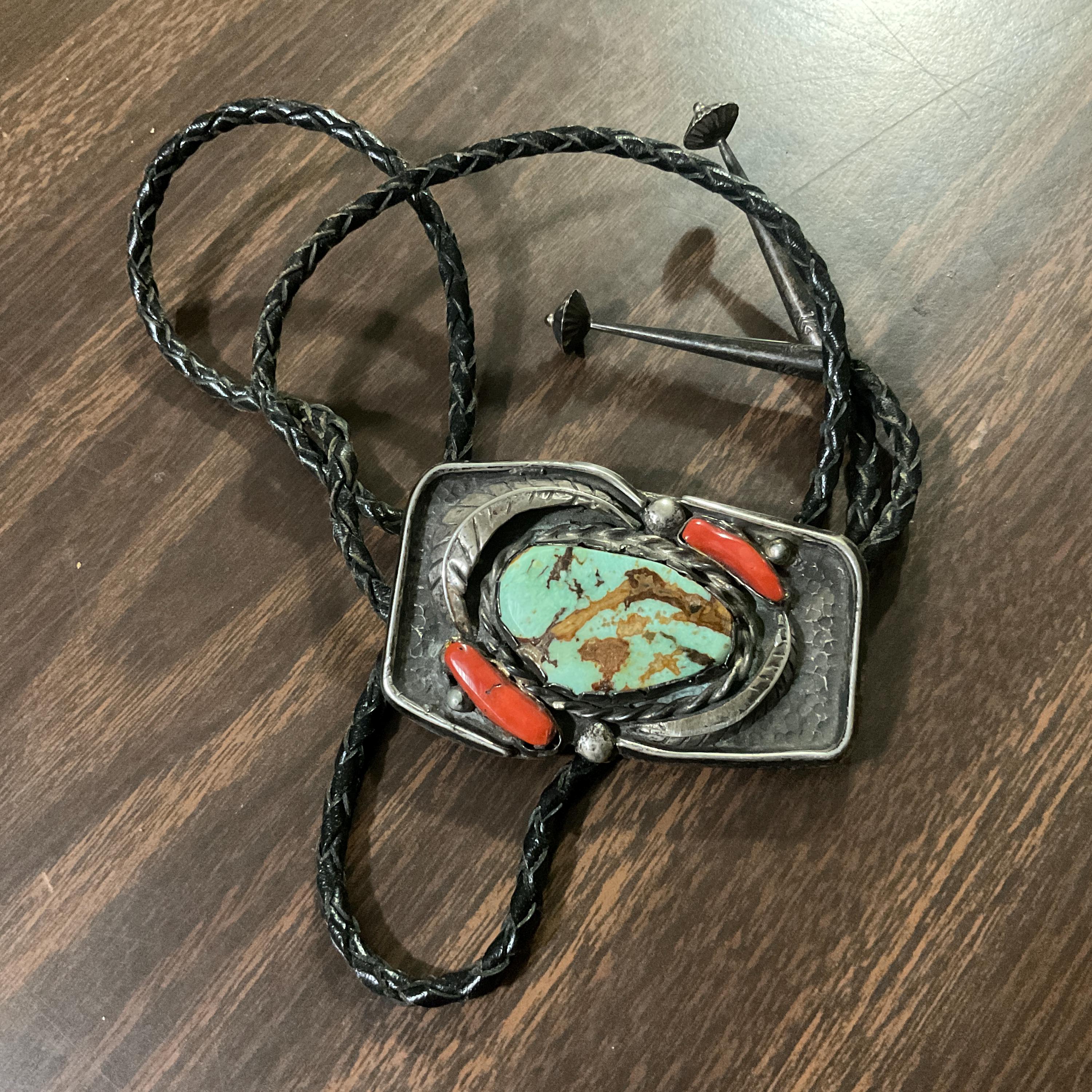Vintage Turquoise and Coral Bolo Tie Navajo Sterling Native American ...