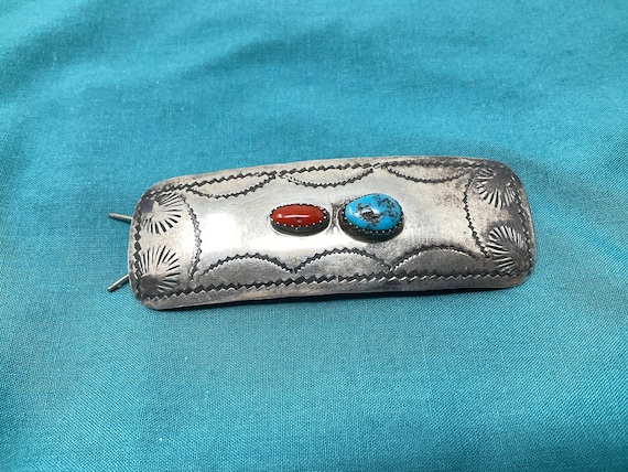 Navajo Sterling Hair Barrette Turquoise Coral - image 1