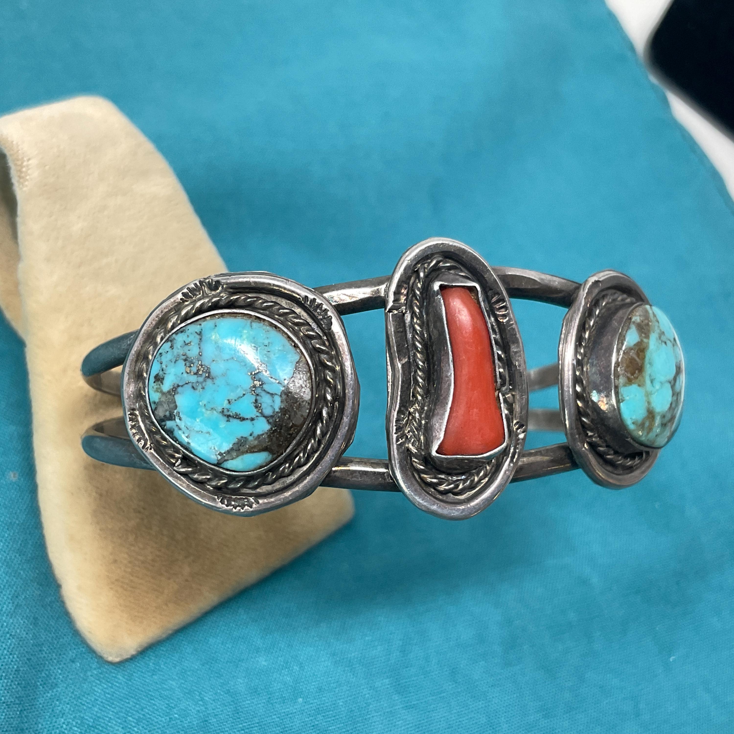 Navajo Turquoise and Coral Bracelet Vintage Silver Cuff - Etsy