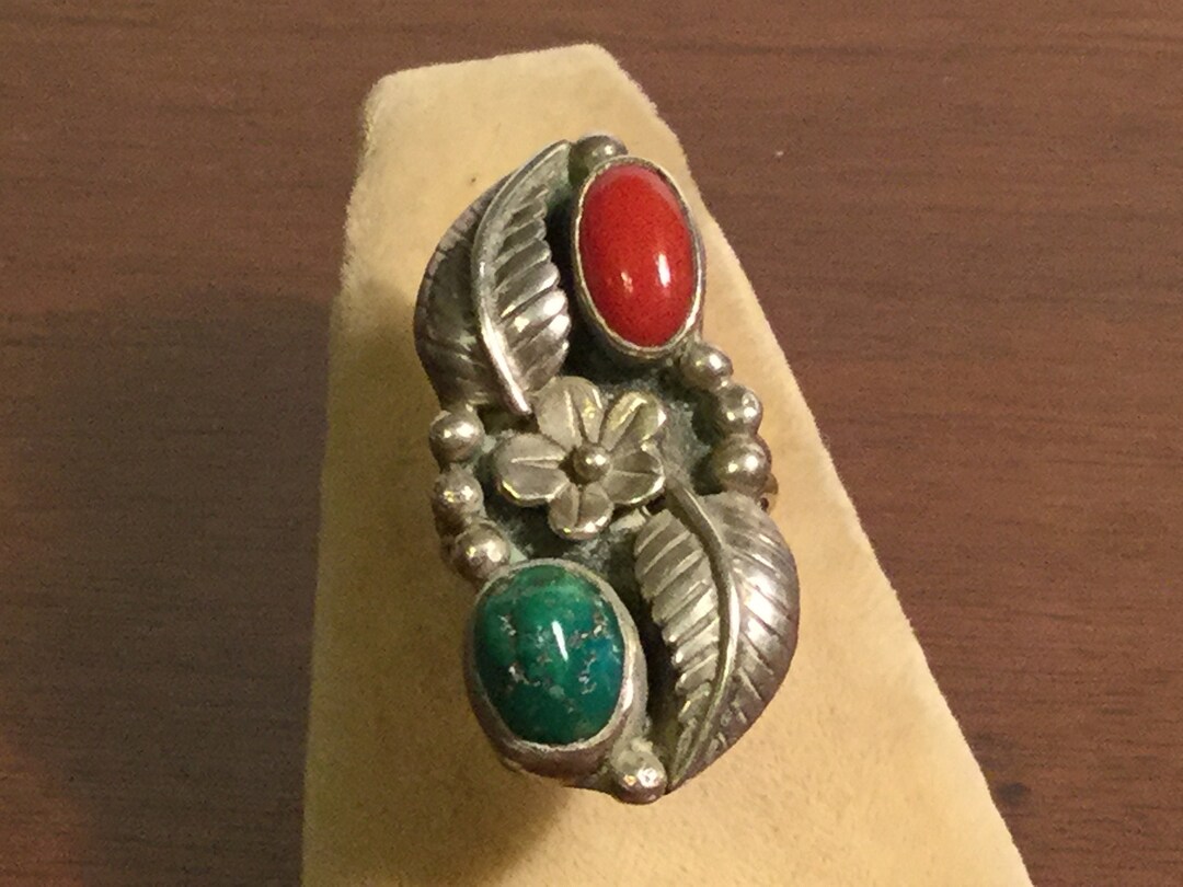 Turquoise Coral Ring Vintage Sterling Navajo Green Turquoise Ring - Etsy
