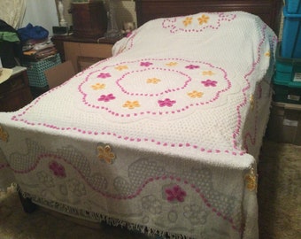 Vintage Chenille Bedspreads Multicolor Floral Design