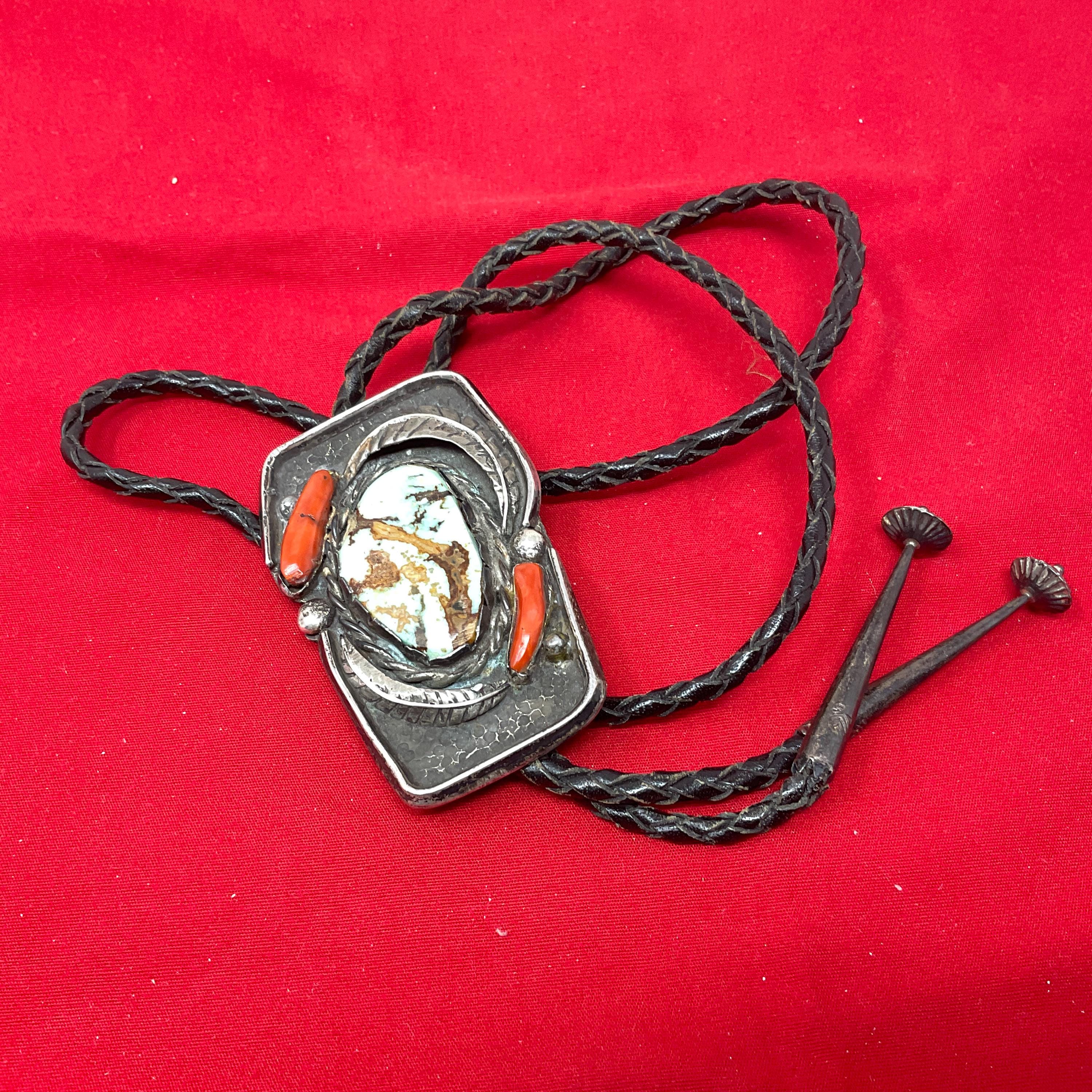 Vintage Turquoise and Coral Bolo Tie Navajo Sterling Native American ...