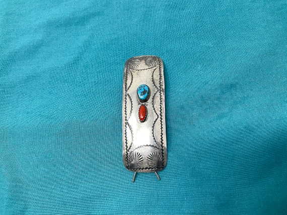 Navajo Sterling Hair Barrette Turquoise Coral - image 9