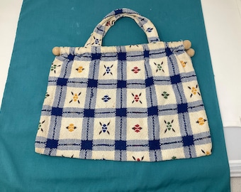 Vintage Blue Plaid Sewing Bag, Wooden Rod Handles