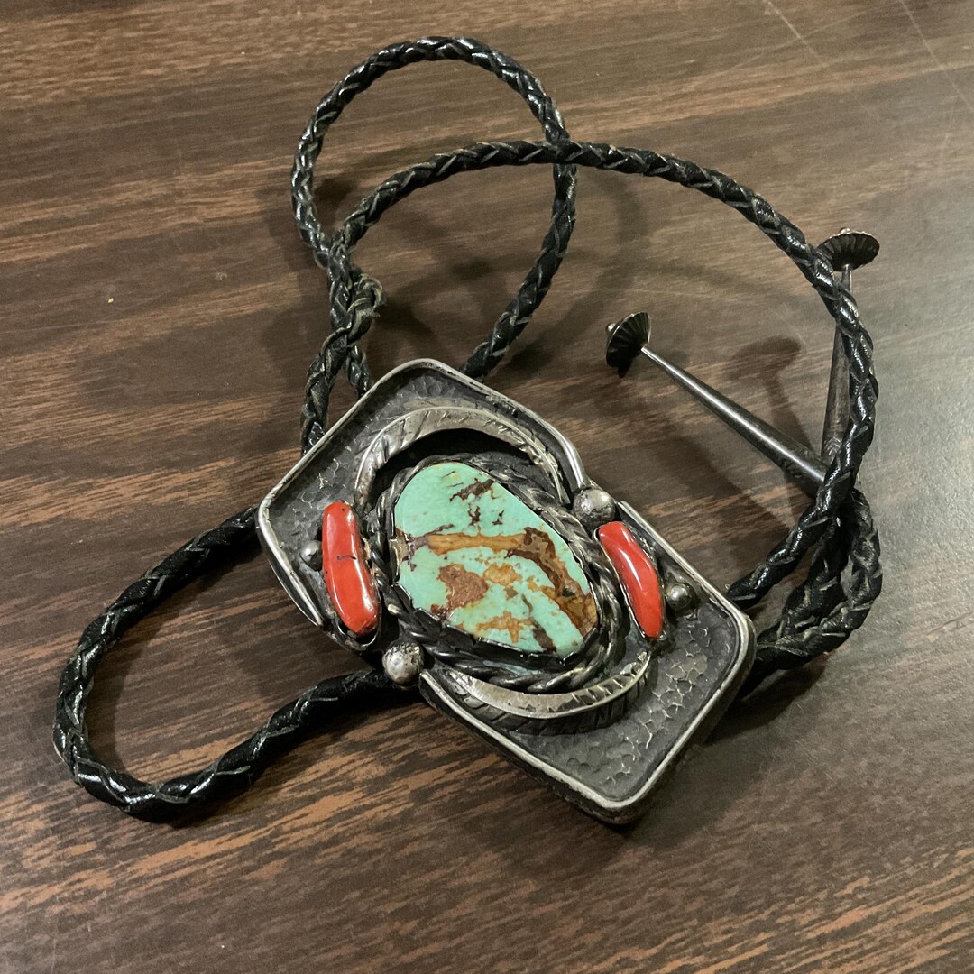 Vintage Turquoise and Coral Bolo Tie Navajo Sterling Native American ...