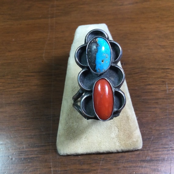 Navajo Turquoise Ring Vintage sterling Coral and … - image 1