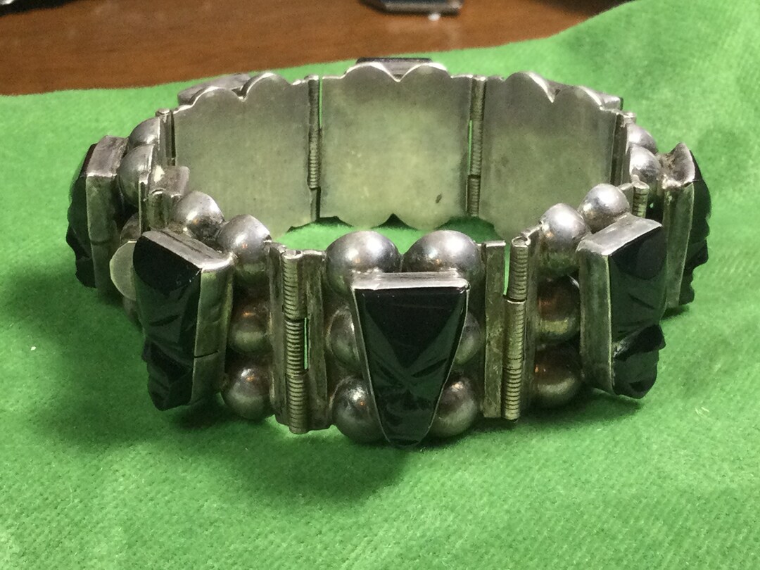 Mexican Silver Bracelet Vintage Link Black Stones With Faces Etsy