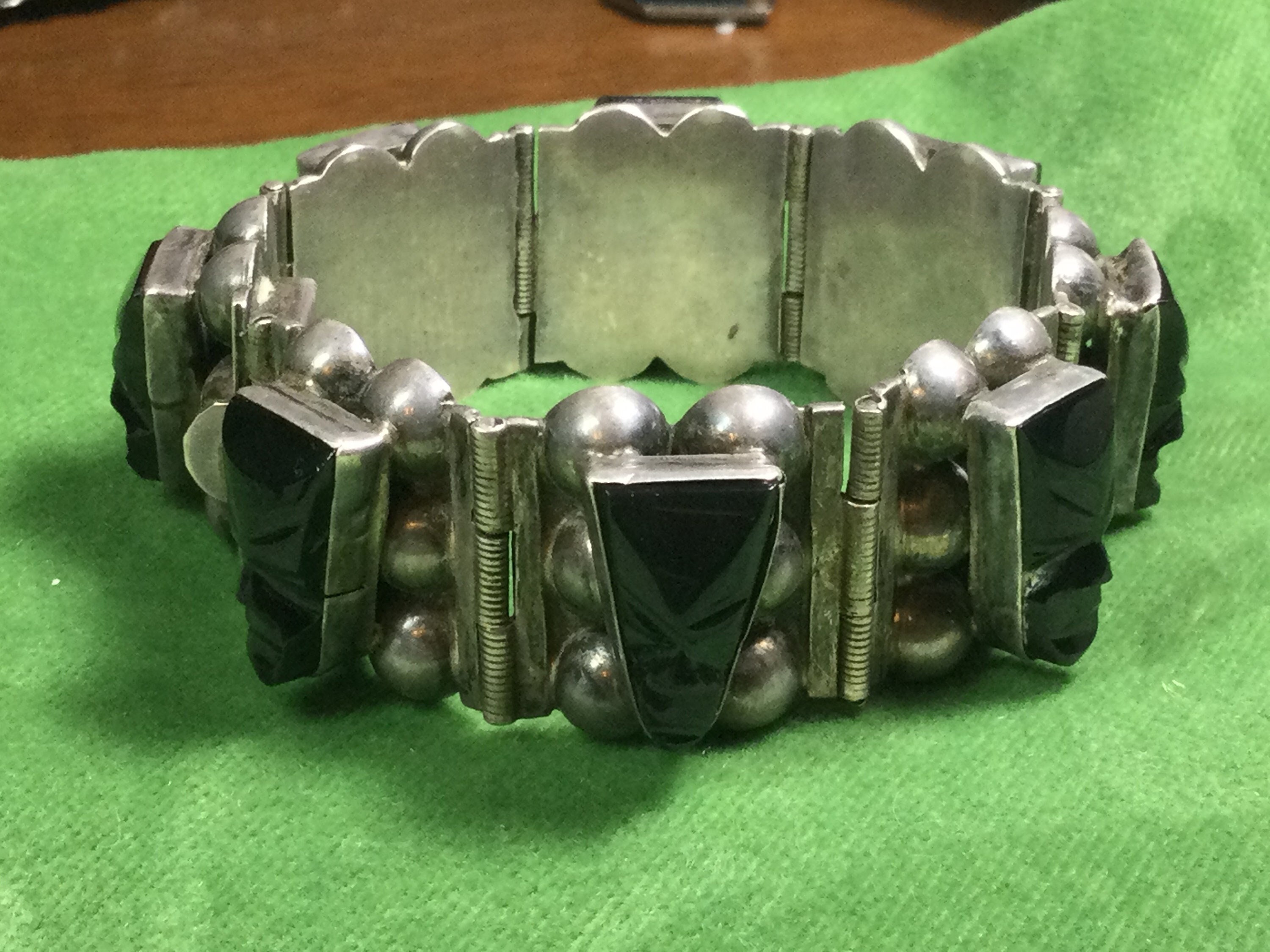 Mexican Silver Bracelet Vintage Link Black Stones With Faces