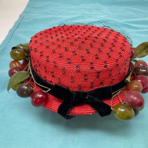 Vintage Red Straw Boater Hat Artifical Fruit 1950’s
