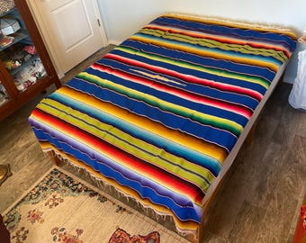 Vintage Mexican Serape Blanket: Large Colorful Woven Throw, 1960s