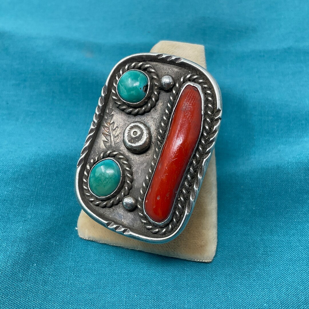 Striking Navajo Turquoise and Coral Ring Vintage Sterling Marked Pawn ...