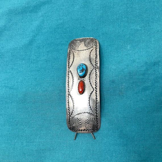 Navajo Sterling Hair Barrette Turquoise Coral - image 2
