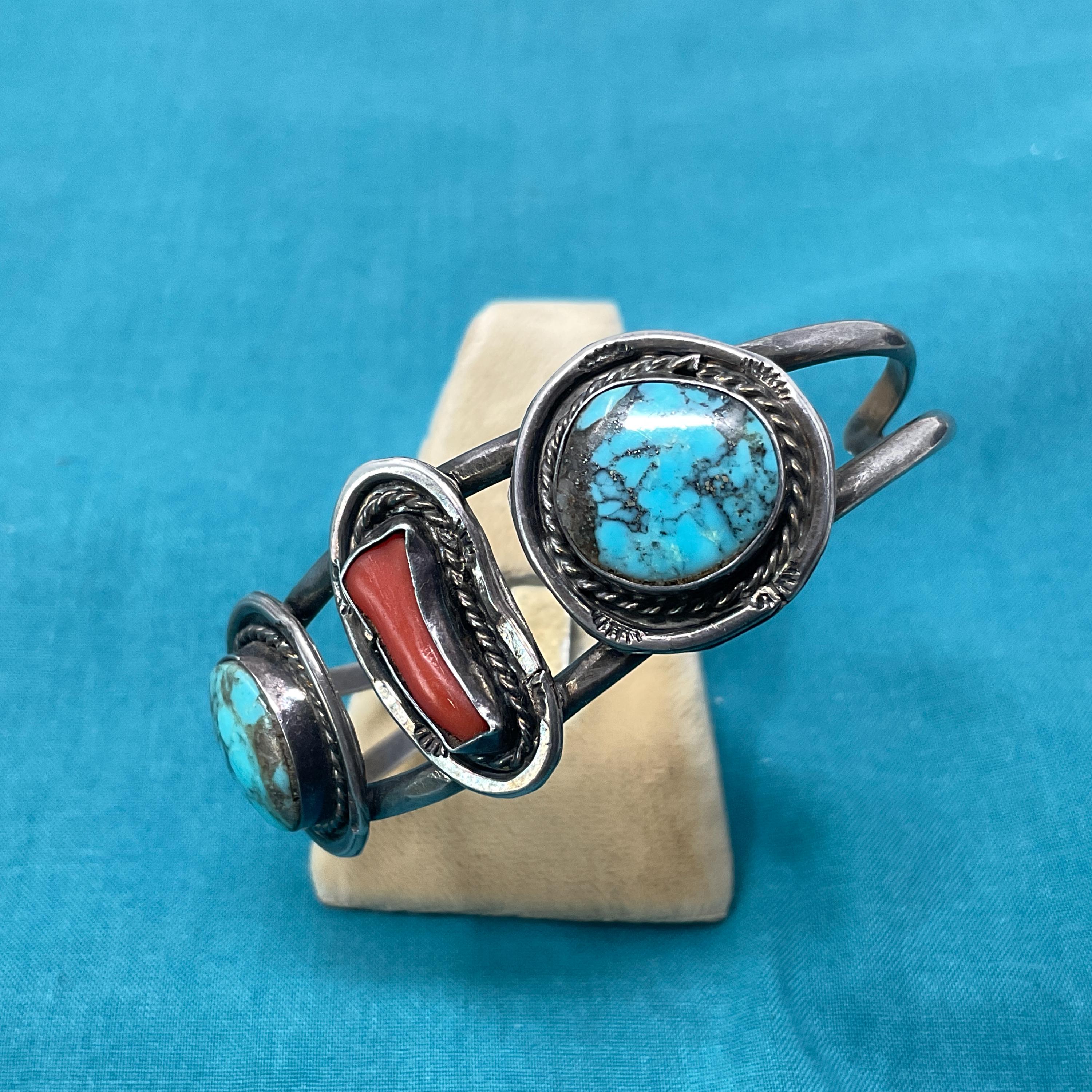 Navajo Turquoise and Coral Bracelet Vintage Silver Cuff - Etsy