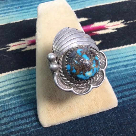 Striking Vintage Native American Navajo Blue Gem Turquoise & Mop Sterling Silver Ring Signed Striking Vintage Native American Navajo Blue Gem Turquoise & Mop Sterling Silver Ring Signed