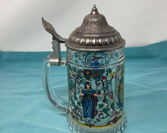 German Glass Beer Stein With Pewter Lid