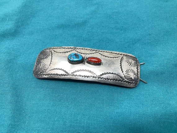 Navajo Sterling Hair Barrette Turquoise Coral - image 7