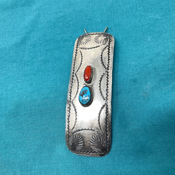 Navajo Sterling Hair Barrette Turquoise Coral - image 4