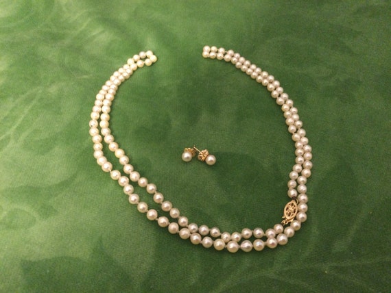 Cultured Pearl Necklace 27” and Earrings 4mm 14 K… - image 1