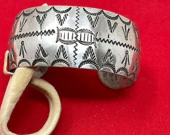 Navajo Vintage Sterling Silver Stamped Cuff Bracelet by Lynn