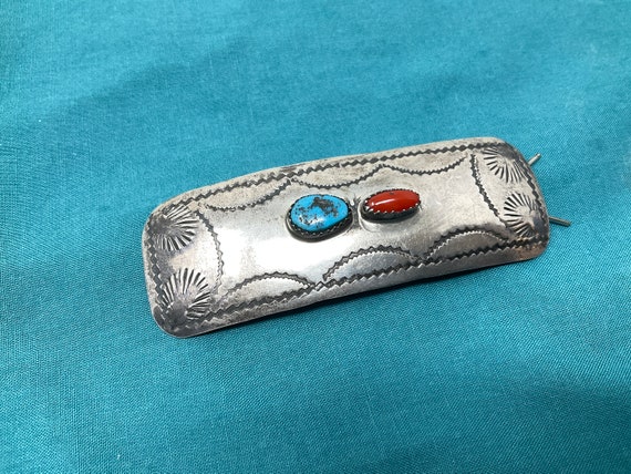 Navajo Sterling Hair Barrette Turquoise Coral - image 6