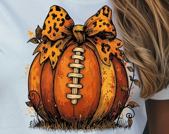 Fall Football Pumpkin Leopard Print Coquette Bow PNG Clipart