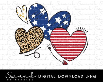 4 juli png, American Flag Hearts png, Leopard Print png, Fourth of July Sublimatie, Digital Download, Printable, Instant Download