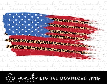 American Flag PNG, Leopard Print, 4th of July, Distressed Flag, Digital Download, Printable, Instant Download, Fourth of July, Brush Strokes