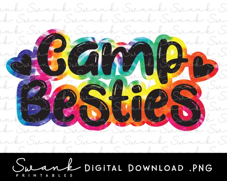 May include: A colorful tie-dye design with the text "Camp Besties" in black. The design is perfect for a summer camp or a fun gathering with friends.