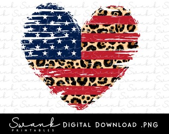 May include: A heart-shaped graphic with a distressed American flag design overlaid with a leopard print pattern. The graphic is in red, white, and blue with black spots.