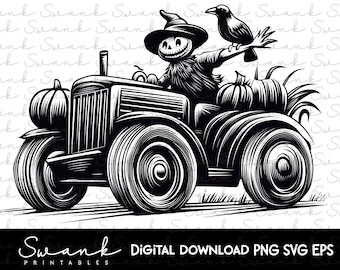 May include: A black and white illustration of a scarecrow driving a tractor with pumpkins in the back. The scarecrow is wearing a witch's hat and has a crow perched on its arm.