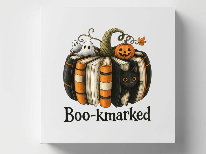K&ouml;nnte beinhalten: Eine Halloween-Illustration mit einem K&uuml;rbis aus B&uuml;chern. Eine schwarze Katze schaut zwischen den Seiten hervor, mit zwei Geistern und einem geschnitzten K&uuml;rbis oben. Der Text "Boo-kmarked" befindet sich unten.