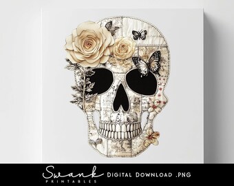 Patchwork-Schädel, Blumenschädel PNG, trendiges Halloween, Halloween-Sublimation, gesteppter Schädel-Digital-Download, Schmetterlings-Schädel Einzigartiges Design
