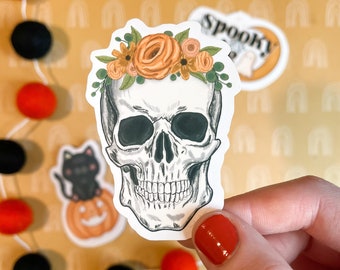 Floral Skull Sticker, Skull Sticker, Flower Skull, Witchy Girl, Pretty Skull, Water Bottle Sticker