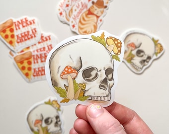 Skull and Mushroom Sticker, Toadstool Sticker, Halloween Sticker