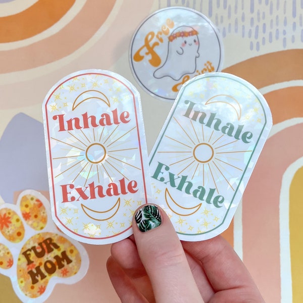 Inhale Exhale Iridescent Sticker, Breathe Sticker, Yoga Sticker, Boho Stickers, Mental Health Sticker, Water Bottle Sticker