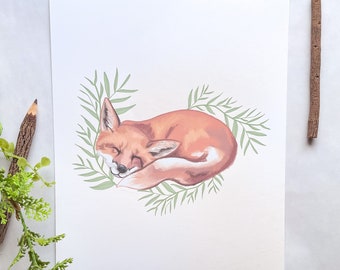 Sleepy Fox Print, Fox Digital Download, Fox Drawing, Fox Wall Art, Cute Fox Download