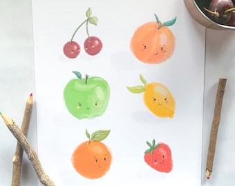 Cute Fruit Print, Kitchen Wall Art, Fruit Kitchen Art, Fruit Art Digital Download