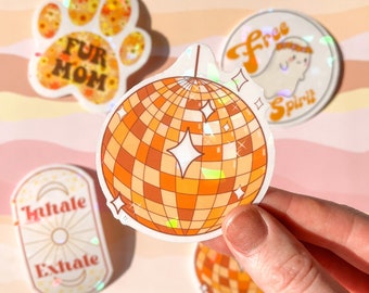 Disco Ball Iridescent Sticker, Disco Sticker, Disco Water Bottle Sticker, Orange Disco Ball, 70’s Stickers