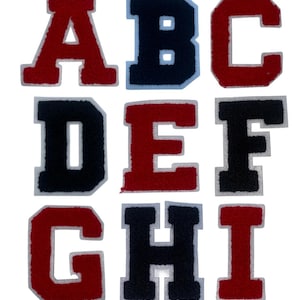 May include: Nine varsity-style letter patches in red, black, and navy blue with white borders. The letters A, C, E, G, and I are red. B, D, and H are black. The letter B has a navy blue background. The letters are displayed on a white background.